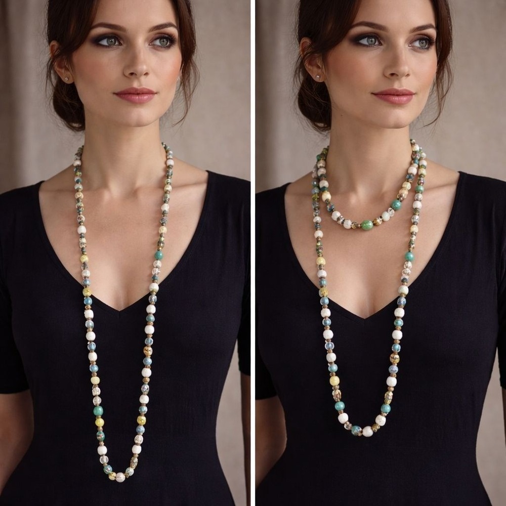 Vintage 1980s 48" Long Beaded Necklace Wrap Style Art Glass Silvertone